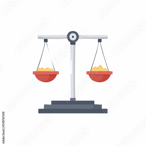 Flat design balance scale with two red pans holding yellow granular substance