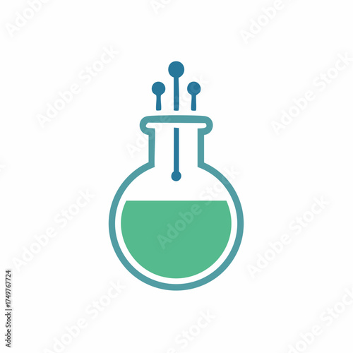 Abstract illustration of a laboratory flask with green liquid and blue bubbles rising, symbolizing science and discovery