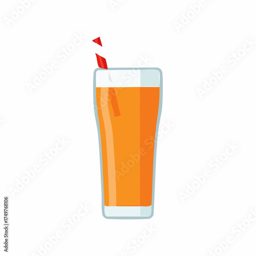 Simple flat design illustration of a tall glass filled with orange juice with a red straw
