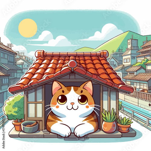 A cute cartoon cat peeking from a window of a traditional Japanese house in a sunny village scene.