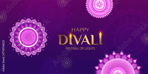 Happy Diwali greeting card. The Indian festival of lights. Designed in a trendy geometric style. Festive background for branding, cards, banners, covers, and flyers. Vector illustration