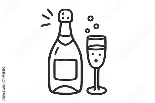 Champagne bottle and flute glass with effervescent bubbles icon design