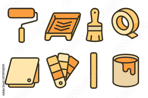 Collection of warm colored painting and home renovation tool icons