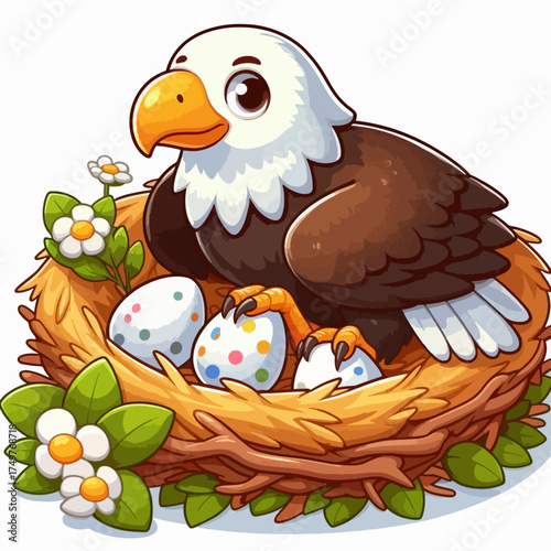 A cute cartoon bald eagle sitting in a nest with three colorful Easter eggs.