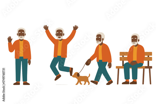 Active senior man poses with small dog and park bench in flat design