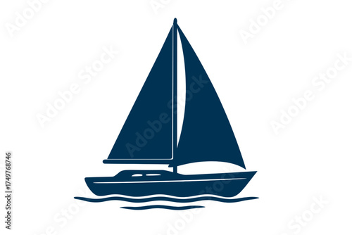 Minimalist dark blue sailboat silhouette moving across stylized water waves