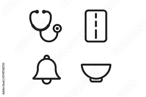 Four simple outline icons representing medicine and healthcare services