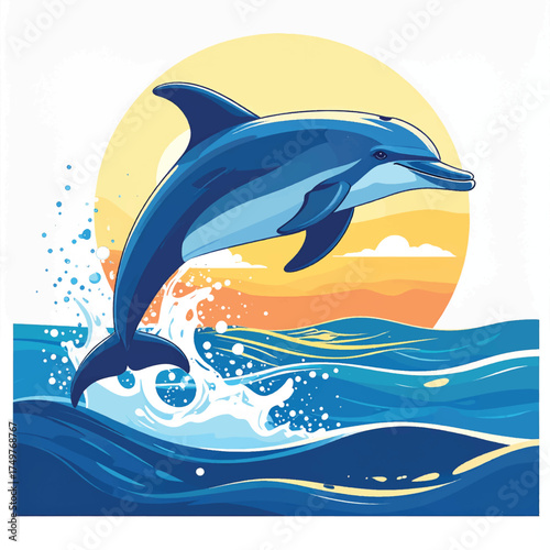Illustration of a dolphin jumping out of the ocean with a sunset background