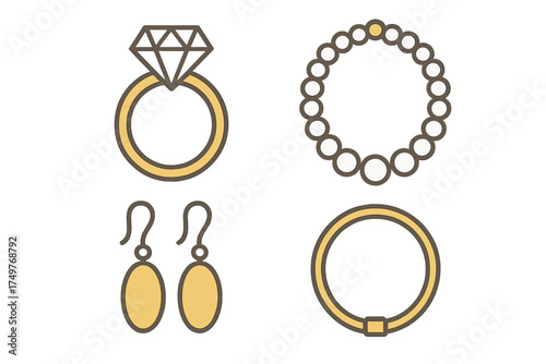 Gold and diamond jewelry icons featuring ring, necklace, earrings, and bracelet shapes