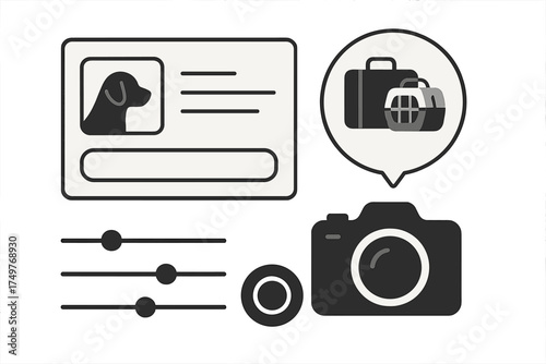Monochrome icons for pet travel documentation and photography settings