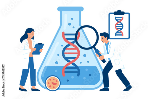 Scientists examining DNA structure inside laboratory flask with magnifying glass