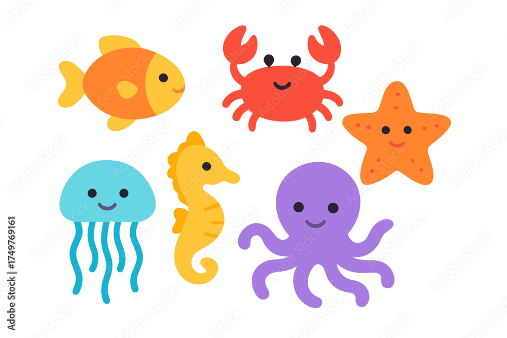 Obraz premium Six cheerful cartoon sea animals for children's graphic design projects