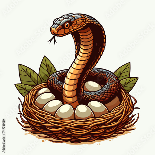 A cobra coiled protectively around a nest of white eggs, surrounded by green leaves.