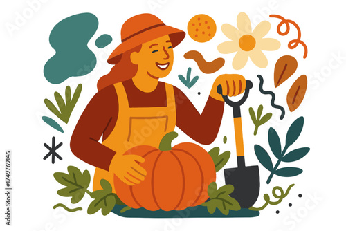 Smiling female gardener holding large pumpkin with shovel