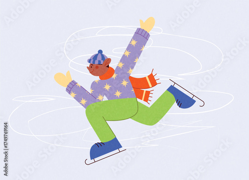 Boy skating on ice in winter wearing purple sweater with stars, green pants, blue skates, striped hat and orange scarf. Joyful motion and leisure. Vector illustration for seasonal card, banner, poster
