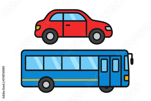 Simple red automobile and blue public transit bus side view icons