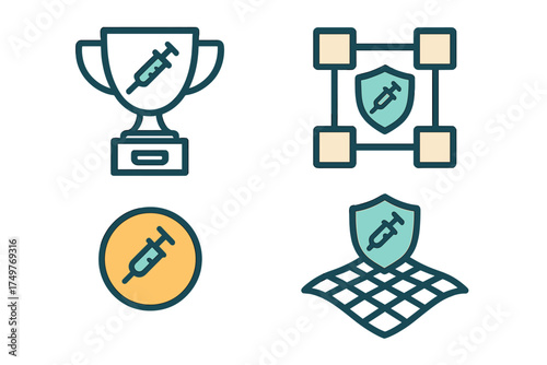 Set of stylized icons for vaccination achievement and health protection