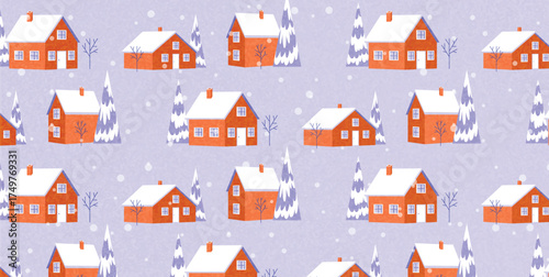 Seamless Winter Pattern with Red Cabins and Snowy Trees. Cozy Houses, Falling Snow and Snowdrifts. Vector flat minimalist illustration for wrapping paper, cards, posters, banners, backgrounds