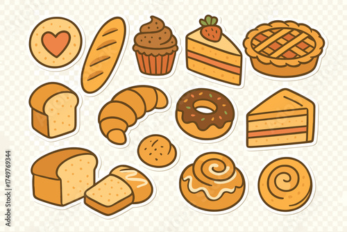Assortment of cute baked goods and pastry stickers featuring bread and cake