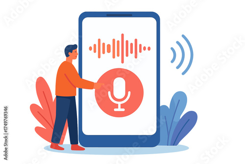 Man interacting with voice assistant application on large smartphone screen