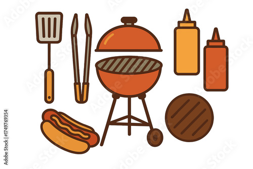 Set of barbecue cooking utensils food and condiments flat icons