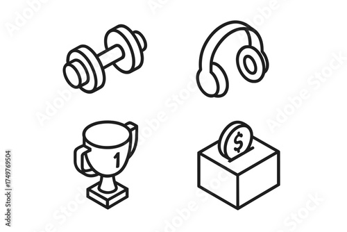 Isometric outline icons for fitness music reward and finance concepts