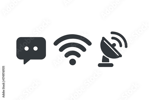 Set of communication and signal transmission icons featuring chat, wifi, and satellite dish