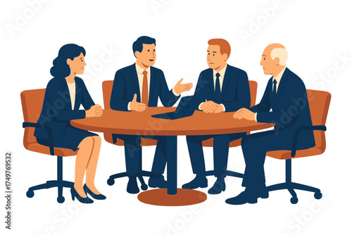 Business team meeting around oval conference table with laptop
