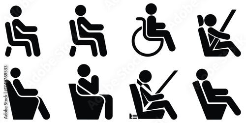 Seating and Disability Awareness Icons – stick figure people sitting, wheelchair accessibility, and seat safety pictogram design vector set