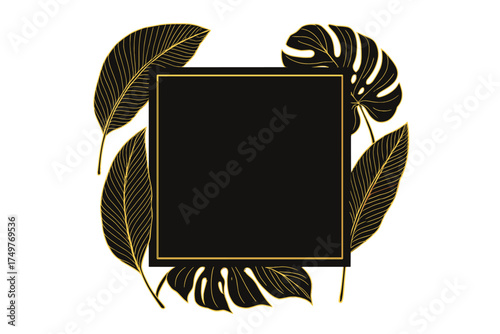 Black square frame with gold outline surrounded by tropical foliage