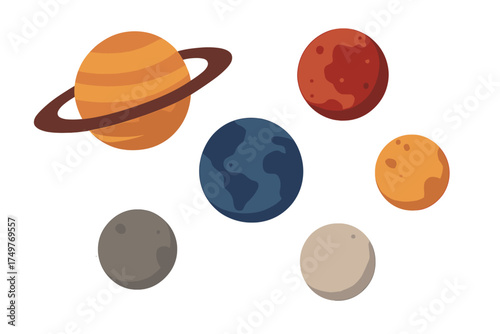 Collection of stylized planets and moons with rings and surface details