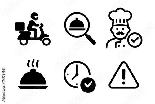 Food ordering and delivery service icons featuring chef and scooter