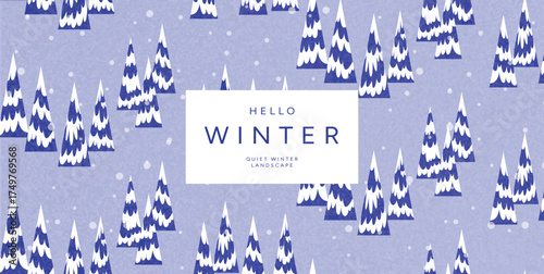 Winter Forest pattern with Snowy Pine Trees and Falling Snow. Blue Winter Day Scene in Mountains. Vector flat minimalist illustration for greeting cards, banners, posters, and backgrounds