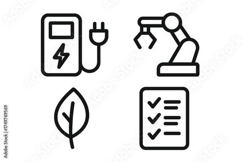 Icons representing sustainable technology, robotics, and clean energy concepts