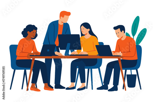 Diverse team collaborating around computers in modern office setting