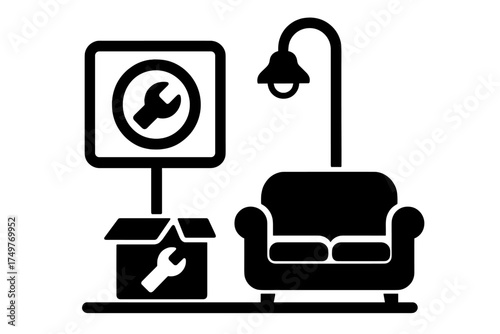 Home furniture assembly and repair service concept with tools and sofa