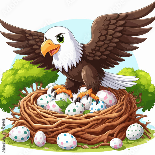 A cartoon illustration of a proud bald eagle guarding its nest filled with speckled eggs.