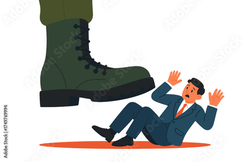 Massive military boot crushing small businessman concept symbolizing power imbalance