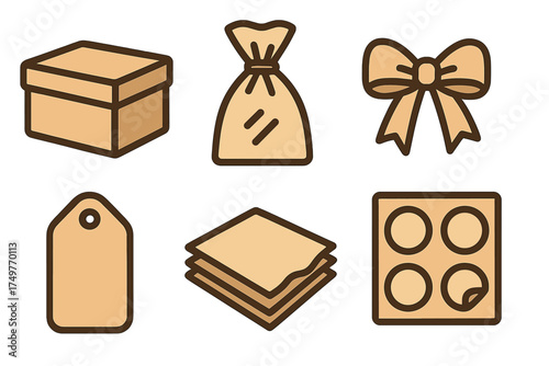 Beige packaging and gift wrapping icons featuring box, bag, and decorative bow