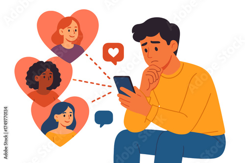 Young man considers choices among dating app profiles on mobile device