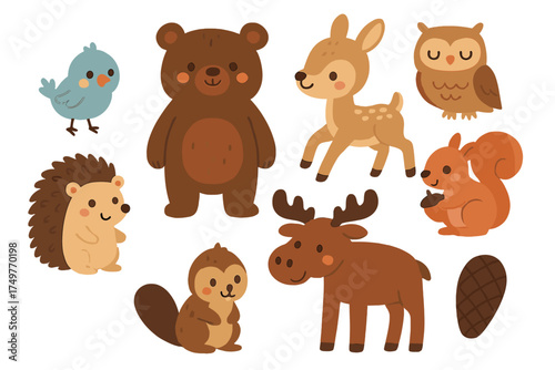 Charming set of cute cartoon forest animals including bear deer owl squirrel and bird