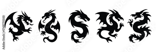 Dragon Silhouette and Tribal Tattoo Icons – mythical creature symbol collection, fantasy art illustration, oriental dragon emblem, and power design vector