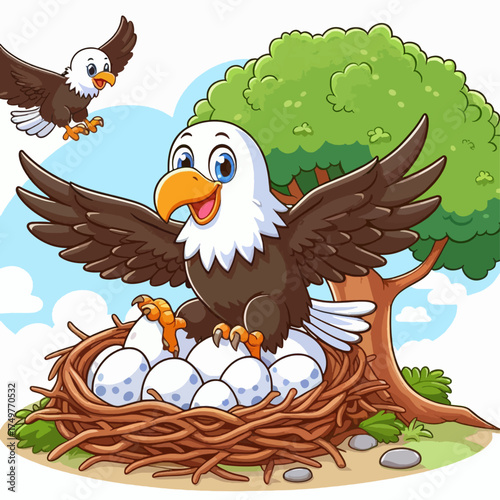 A cheerful cartoon eagle sitting on a nest full of eggs, with another eagle flying in the background.
