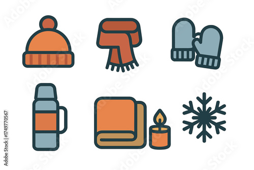 Set of flat icons for winter accessories and cozy seasonal items
