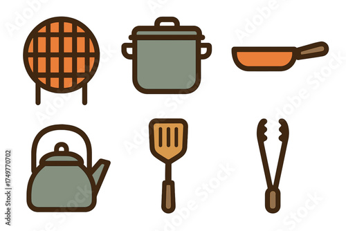Collection of cooking and barbecue utensil icons featuring pot, pan, kettle, and spatula