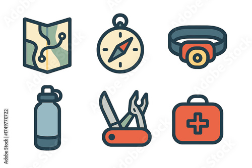 Essential outdoor adventure and hiking equipment icons set