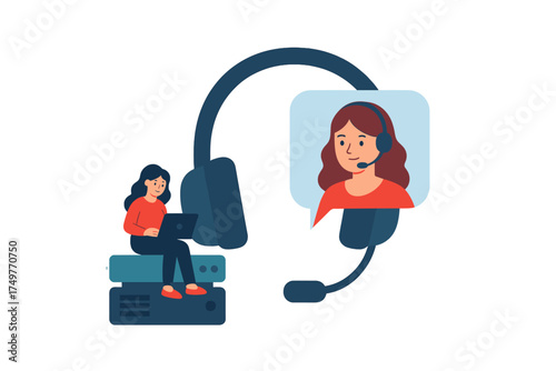 Female customer support agent communicating with user via headset and laptop