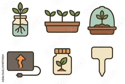 Gardening and plant propagation icons featuring seedlings and essential supplies