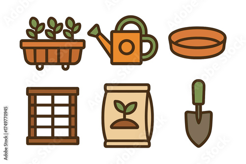 Set of essential gardening tools and supplies icons for planting seedlings