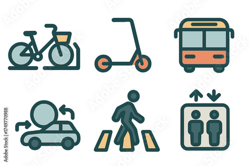 Set of urban mobility icons: bike share, scooter, bus, car sharing, pedestrian crossing, and elevator